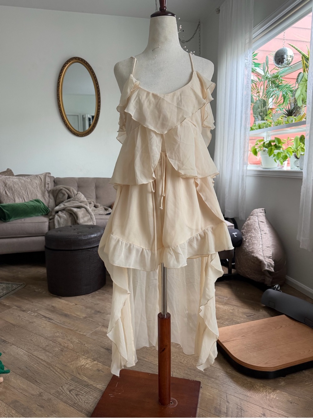 Free People Cream Ruffle Camisole Dress and Shorts Set